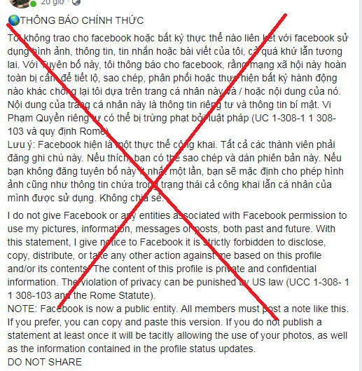 Người dùng Facebook Việt sập bẫy trò lừa đảo đăng tải lại status để bảo vệ thông tin cá nhân